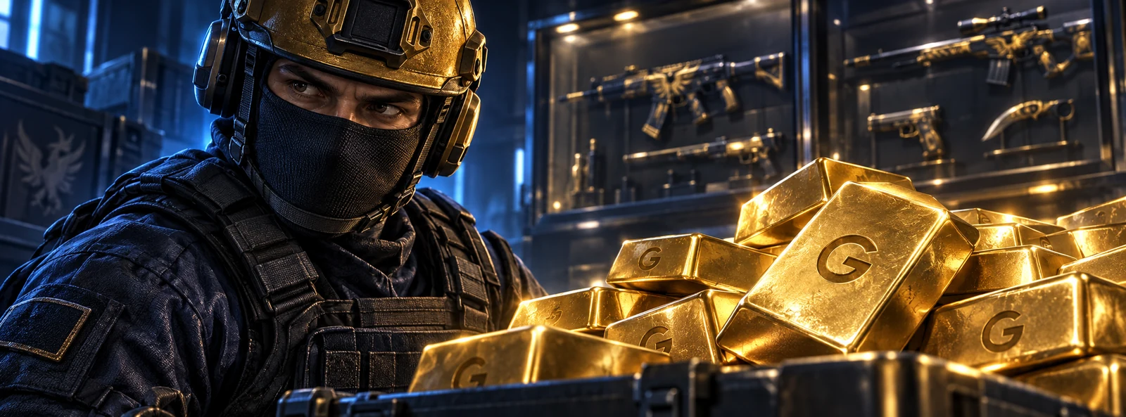 Тактический персонаж Standoff 2 рядом с золотыми слитками и витриной скинов